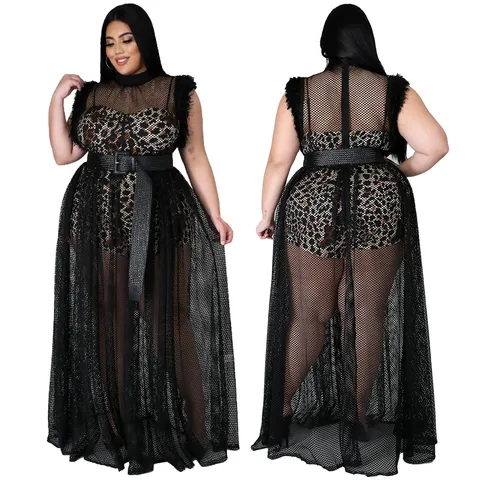 Plus Size Women Sexy Sheer Mesh Maxi Dress Two Piece Set Printed Bodysuit With Belt Elegant Evening Party Clubwear Outfit