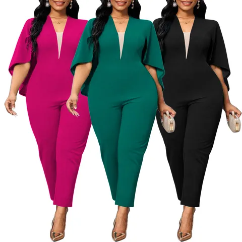 Plus Size Women V Neck Batwing Sleeve Jumpsuit Sexy Cape Style Knitted One Piece Long Pant Romper For Office Daily Wear
