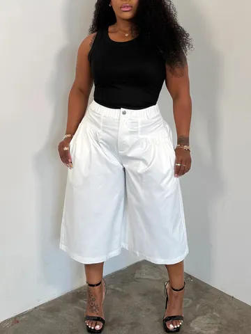 Plus Size Women Casual Wide Leg Pants High Waist Pleated Design Trousers Loose Capri Pants Solid Color Woven Bottoms For Summer