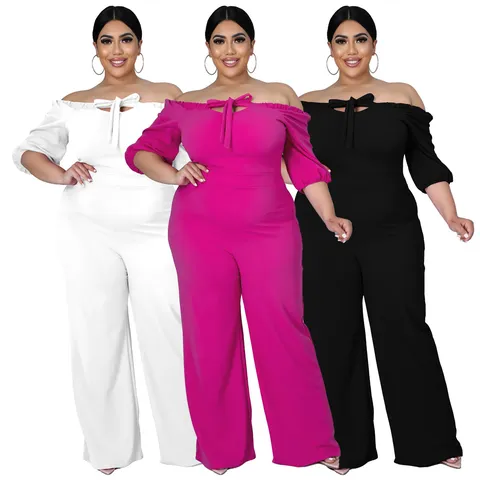 Women Off Shoulder Tie Front Jumpsuit Plus Size Solid Color Strapless Wide Leg Long Romper Elegant Party One Piece Jumpsuit