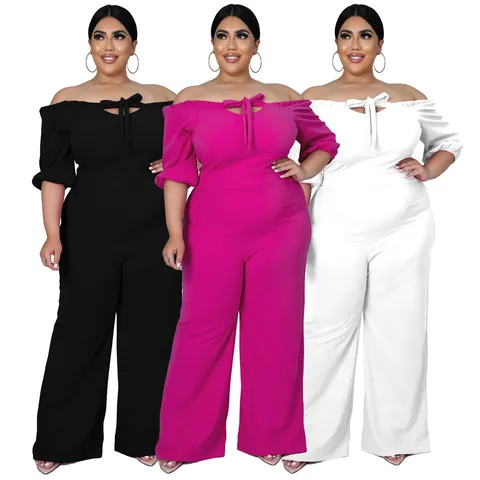 Women Off Shoulder Tie Front Jumpsuit Plus Size Solid Color Strapless Wide Leg Long Romper Elegant Party One Piece Jumpsuit