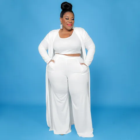 Conjunto de Tres Piezas de Top y Pantalón para Mujer Cárdigan Top Corto Pantalón de Pierna Ancha Color Sólido Talla Grande
