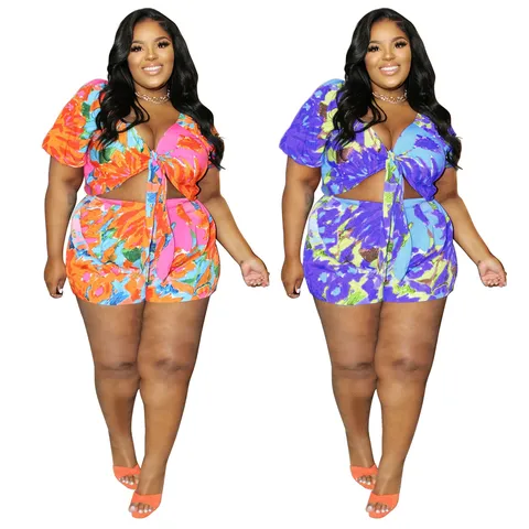 Plus Size Women Sexy Casual Hollow Lace-Up Digital Print Shorts Set Summer Short Sleeve Top And Bottom Co-Ord Outfit