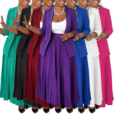 Women Elegant Professional Blazer And Pleated Maxi Skirt Set Office Wear Long Sleeve Top And Bottom Formal Casual Suit
