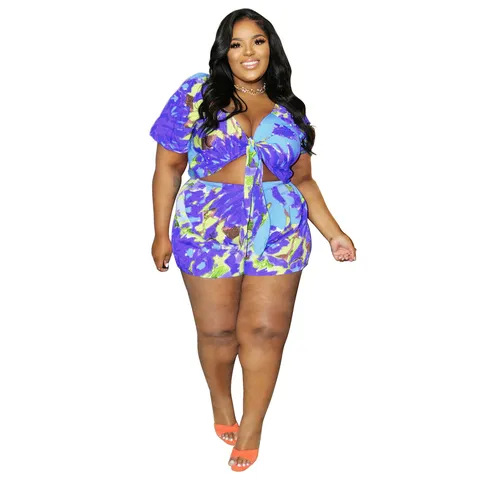 Plus Size Women Sexy Casual Hollow Lace-Up Digital Print Shorts Set Summer Short Sleeve Top And Bottom Co-Ord Outfit