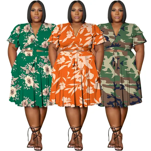 Women Plus Size Floral Camouflage Skirt Set V-Neck Ruffle Sleeve Tie Front Top And Mini Skirt Pockets Two Piece Casual Outfit