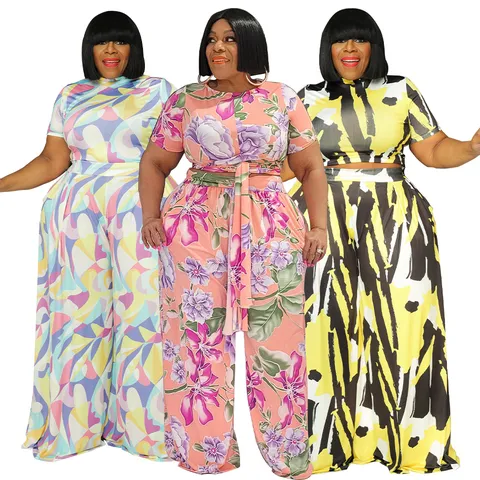 Completo a Due Pezzi Sexy da Donna Taglie Forti Top a Manica Corta Stampato e Pantaloni a Gamba Larga a Vita Alta Abbigliamento Estivo