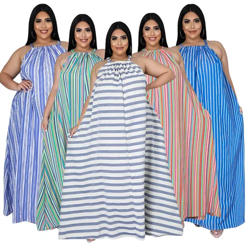 Robe Maxi à Rayures Imprimées Grande Taille pour Femmes Dos Nu Sans Manches Robe Longue Ample Ligne A pour Vacances d'Été Fête Décontractée Plage