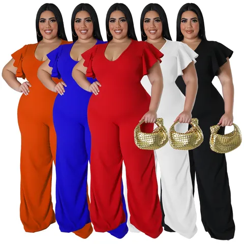 Women Plus Size Jumpsuit V Neck Flutter Sleeve Wide Leg Knitted Polyester Romper Solid Color High Waist One Piece Outfit