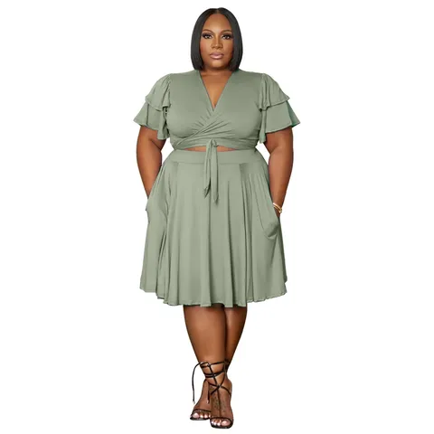 Plus Size Women Two Piece Skirt Set V Neck Ruffle Sleeve Tie Waist Top And Bottom Casual Knit Outfit With Pockets