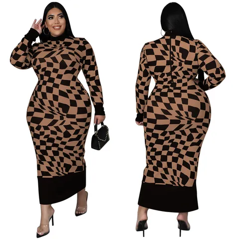 Plus Size Women Elegant Geometric Plaid Print Long Sleeve Bodycon Midi Dress Round Neck Slim Fit Casual Long Gown Apparel