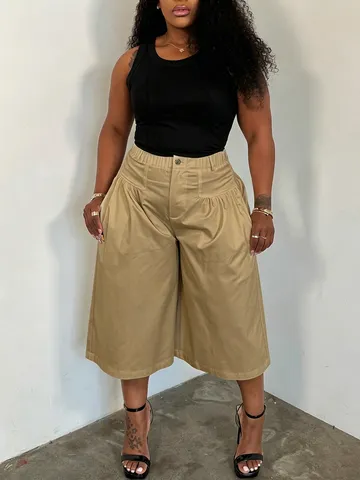 Plus Size Women Casual Wide Leg Pants High Waist Pleated Design Trousers Loose Capri Pants Solid Color Woven Bottoms For Summer