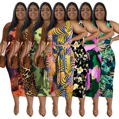 Plus Size Women's Sleeveless Top And Midi Skirt Set Floral Leopard Print Two Piece Casual Summer Outfit