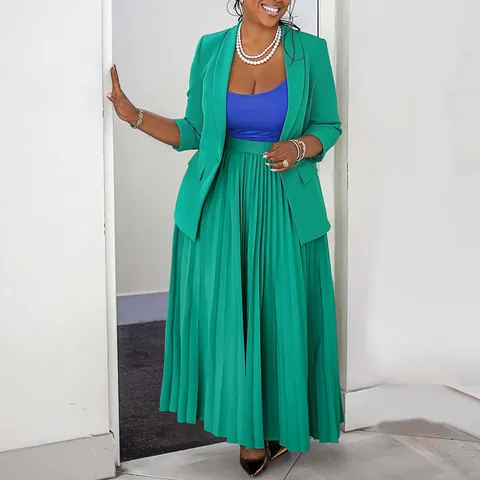 Women Elegant Professional Blazer And Pleated Maxi Skirt Set Office Wear Long Sleeve Top And Bottom Formal Casual Suit