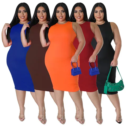 Robe Midi Femme Grande Taille Sans Manches Décontractée Couleur Unie Tricotée Côtelée Bodycon Col Rond Été