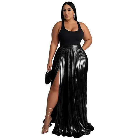Plus Size High Waist Pleated Slit Long Skirt Women Solid Color Elegant Maxi Skirt Sexy Side Split Bottom For Party Daily Wear
