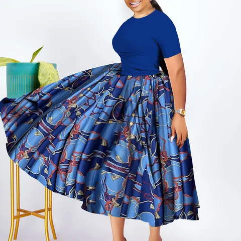 Women Plus Size African Ethnic Print Maxi Dress Short Sleeve Round Neck Pleated Big Swing Party Dress Polyester Spandex Fashionable Dress