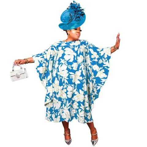 Women Plus Size Floral Print Split Slit Kimono Sleeve Dress Loose Boat Neck Sexy Nightclub Maxi Dress For Party Resort