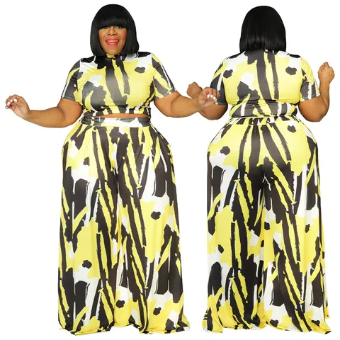 Completo a Due Pezzi Sexy da Donna Taglie Forti Top a Manica Corta Stampato e Pantaloni a Gamba Larga a Vita Alta Abbigliamento Estivo