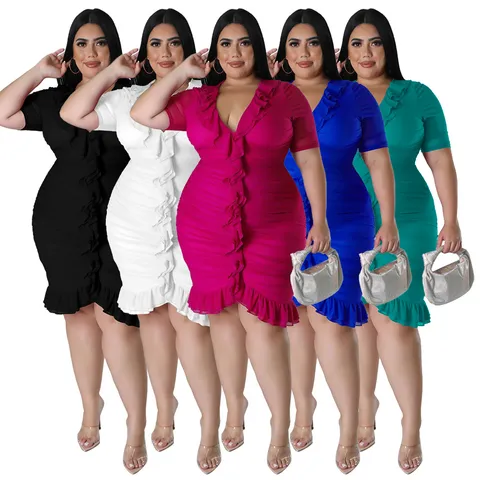 Women Plus Size Sexy V-Neck Mesh Patchwork Double Ruffle Dress Short Sleeve See-through Bodycon Mid-length Party Dresses