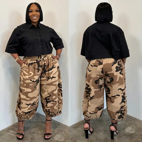 Pantaloni Harem Mimetici da Donna Taglie Forti Vita Elastica Tasche Lanterna Jogger Larghi Pantaloni Casual