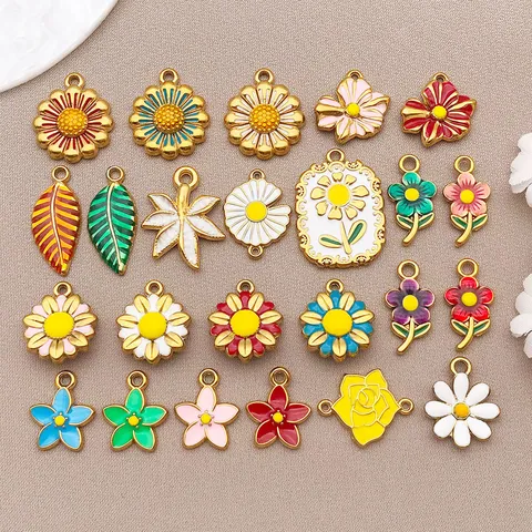 Stainless Steel Colorful Flower Leaf Pendants Drip Oil Enamel Daisy Rose Sunflower Charms For DIY Jewelry Making Accessories