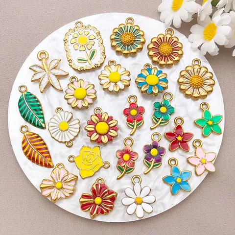 Stainless Steel Colorful Flower Leaf Pendants Drip Oil Enamel Daisy Rose Sunflower Charms For DIY Jewelry Making Accessories