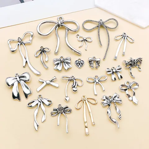 Mixed Antique Silver Zinc Alloy Bowknot Charms Hollow Ribbon Pendant For DIY Bracelet Keychain Jewelry Making Findings