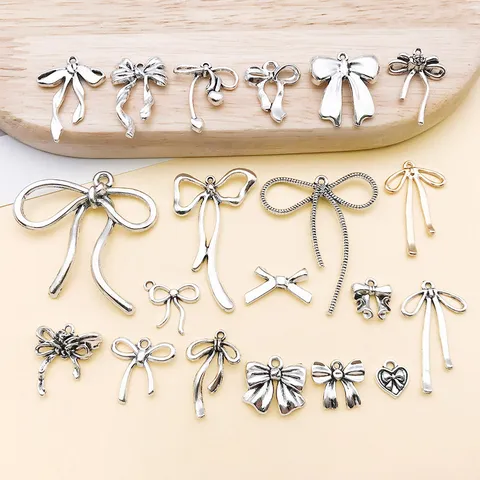 Mixed Antique Silver Zinc Alloy Bowknot Charms Hollow Ribbon Pendant For DIY Bracelet Keychain Jewelry Making Findings