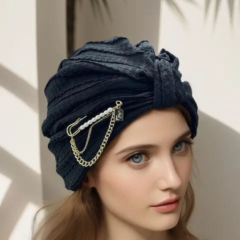 Vrouwen Winter Warm Acryl Gebreid Hoofdband Kruis Turban Hoed met Parel Ketting Broche