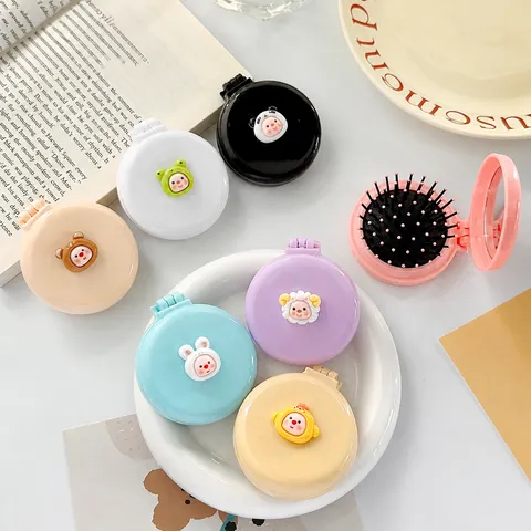 Portable Mini Folding Air Cushion Comb Cute Cartoon Animal Pocket Makeup Mirror Hair Brush