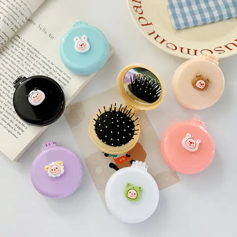 Portable Mini Folding Air Cushion Comb Cute Cartoon Animal Pocket Makeup Mirror Hair Brush