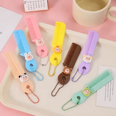 Kids Girls Portable Mini Plastic Hair Comb Cute Cartoon Animal Design Hair Styling Detangling Brush With Beaded Chain