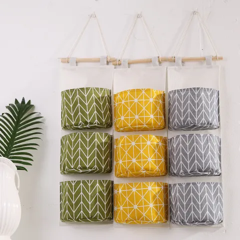 Minimalista Moderno Cotone Lino Borsa di Stoccaggio Sospesa 3 Strati Multiuso Parete Porta Tasca Organizer Camera da Letto
