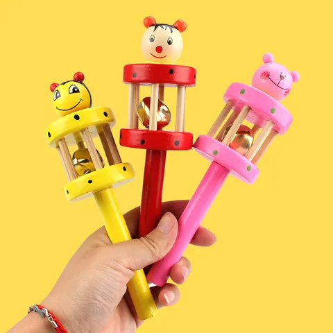 Wooden Baby Rattle Toy Infant Early Education Cartoon Animal Grip Toy with Metal Bell