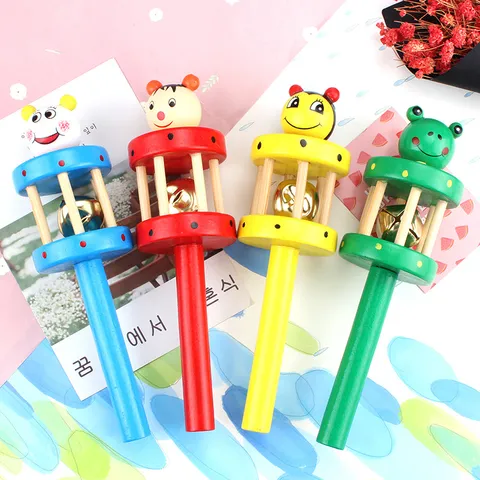 Wooden Baby Rattle Toy Infant Early Education Cartoon Animal Grip Toy with Metal Bell