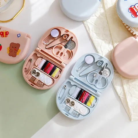 Nordic Style Portable Plastic Sewing Box Cute Cartoon Sticker Mini Storage Box Household Travel Mending Tool Kit
