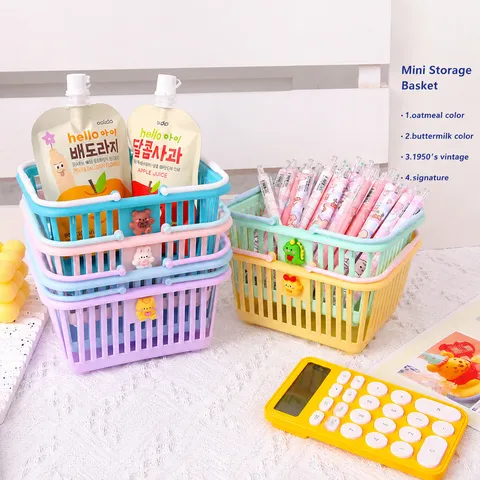 Mini Panier de Rangement de Bureau Mignon en Plastique Papeterie d'Étudiant Porte-Stylo Organisateur de Maquillage Boîte de Rangement Portable