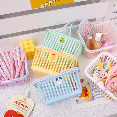 Mini Panier de Rangement de Bureau Mignon en Plastique Papeterie d'Étudiant Porte-Stylo Organisateur de Maquillage Boîte de Rangement Portable