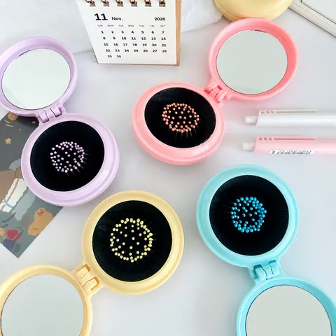 Mini Pettine Pieghevole Portatile con Cuscinetto d'Aria Simpatico Animale Cartone Animato Rotondo Spazzola per Capelli con Specchio Trucco