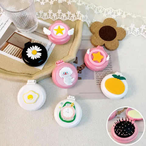Portable Folding Air Cushion Hairbrush Cute Cartoon Design Built In Makeup Mirror Travel Pocket Hair Brush For Women Girls Daily Use