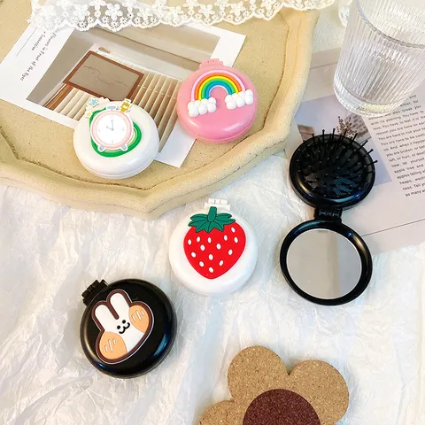 Portable Folding Air Cushion Hairbrush Cute Cartoon Design Built In Makeup Mirror Travel Pocket Hair Brush For Women Girls Daily Use