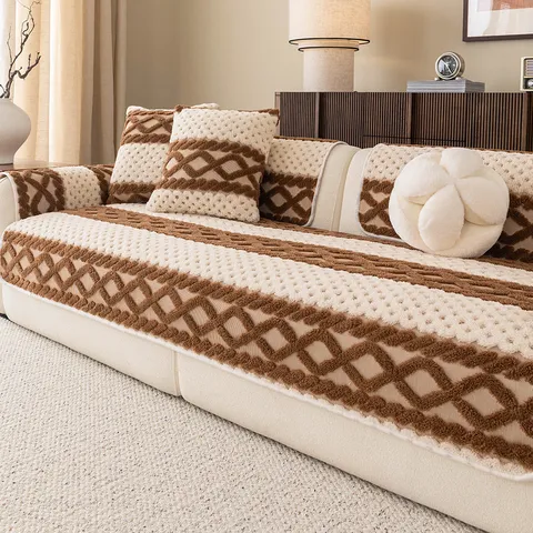 Thickened Soft Cotton Velvet Sofa Cushion Anti-Slip Diamond Plaid Sofa Pad Furniture Protector Warm Winter Sofa Cover