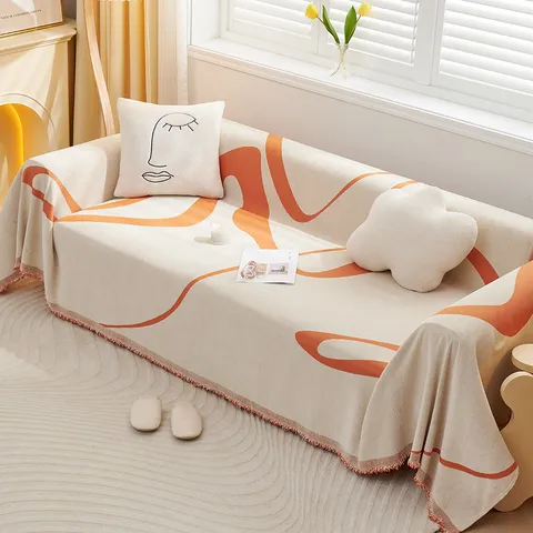 Modern Minimalist Chenille Sofa Cover Abstract Geometric Line Printed Throw Blanket Decorative All Inclusive Couch Towel With Tassel Fringe For Living Room