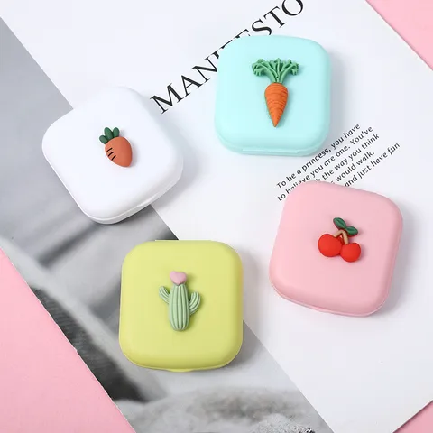 Draagbare Contactlens Etui Schattige Cartoon Fruit Plant Ontwerp Plastic Mini Ogen Contacten Metgezel Doos Met Spiegel Pencet Gereedschap Set Voor Vrouwen