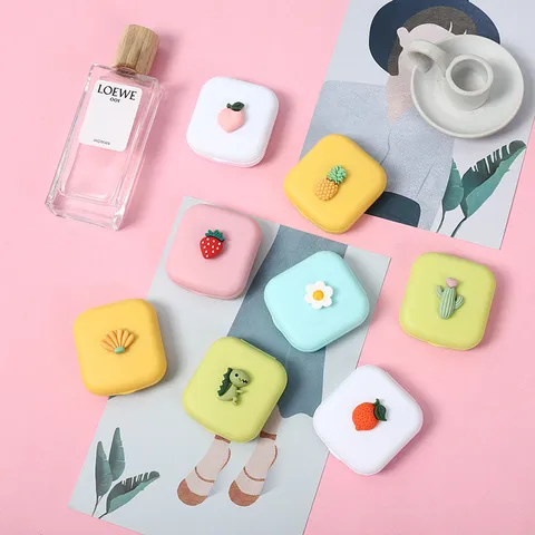 Draagbare Contactlens Etui Schattige Cartoon Fruit Plant Ontwerp Plastic Mini Ogen Contacten Metgezel Doos Met Spiegel Pencet Gereedschap Set Voor Vrouwen