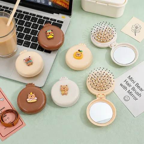 Foldable Air Cushion Hair Brush Mini Compact Travel Comb With Mirror Cute Animal Cartoon Design Women Hair Styling Tool