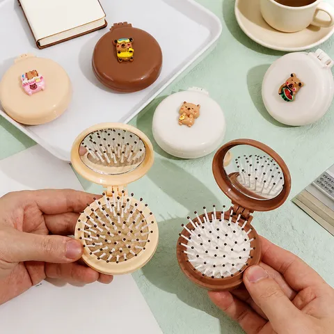 Foldable Air Cushion Hair Brush Mini Compact Travel Comb With Mirror Cute Animal Cartoon Design Women Hair Styling Tool