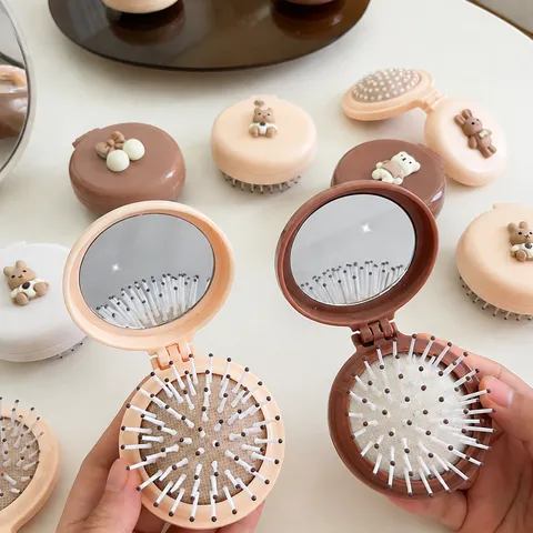 Brosse à Cheveux à Coussin d'Air Pliable Portable Peigne de Massage Compact avec Miroir de Maquillage Conception Animale Mignon de Dessin Animé Brosse à Cheveux de Voyage