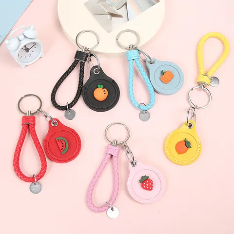 Cartoon Fruit PU Leather Access Control Card Holder AirTag Protective Case Mini Cute Key Chain Ring Wallet Bag Pendant